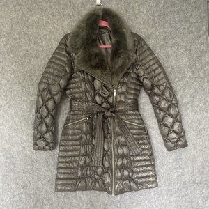 Via Spiga Women's Quilted Down Parka Coat Faux Fur Trim Asymmetrical Zip Size M